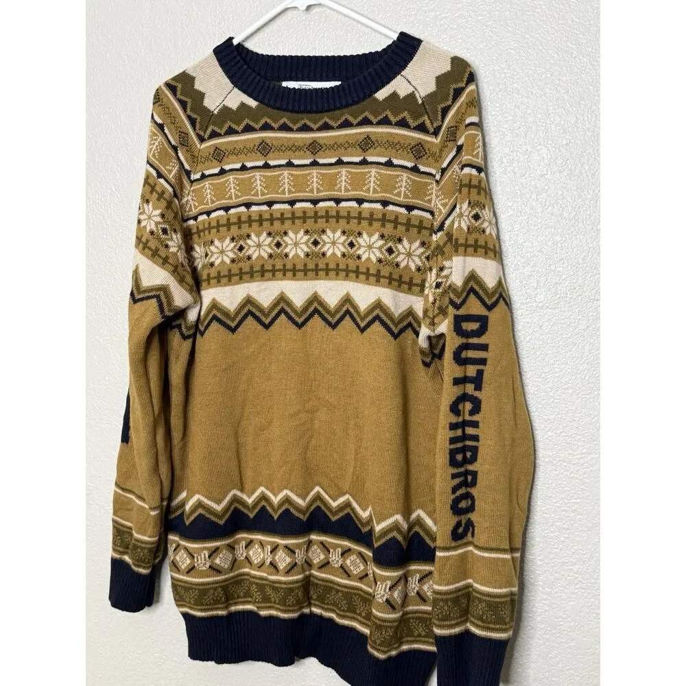 Dutch Bros Coffee Sweater Mens XL Fair Isle Brown Gold Crewneck Pullover Tan